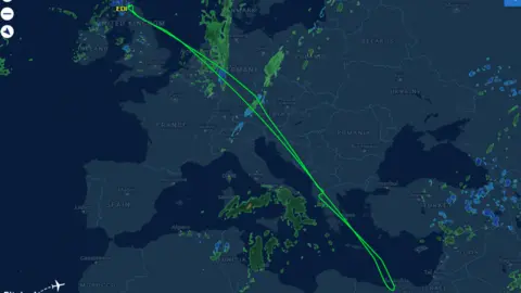 Flight Aware Image showing the flight path the plane followed. A green line shows it leading to Dubai then looping back to Edinburgh
