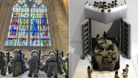 Southwell Minster A composite image with one half showing a number of crocheted marching soldiers in front of a minster window, the other half showing a crocheted scene with a tank driving off the opened bow of a ship