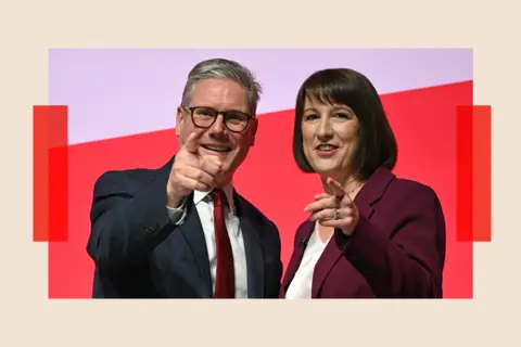 Getty Images Keir Starmer (L) and Britain's Chancellor of the Exchequer Rachel Reeves (R) gesture to the audience after Reeves delivered her speech on the second day of the annual Labour Party conference in Liverpool
