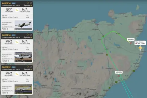 Flightradar24 A graphic showing the north east Highlands and flight paths to Wick.