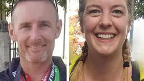 PA Media Two images side my side. Paul has facial hair and appears to be wearing sporting medals. Andrea has blonde paints in her hair. Both are smiling. 