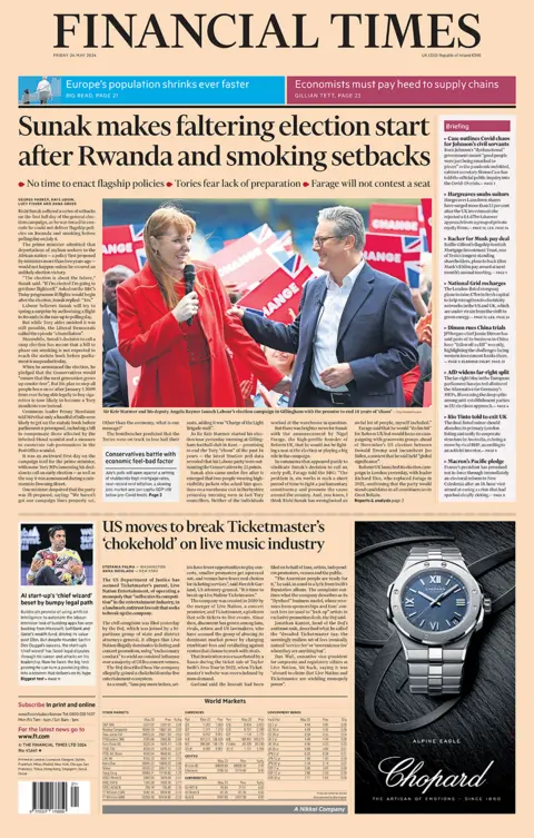 "Sunak makes faltering election start after Rwanda and smoking setbacks" writes the Financial Times 