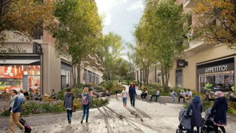 An artist's impression of the design of a city street in the revamped Galleries in Bristol. Lines of trees are seen either side of a pedestrianised street with many shoppers and brightly-coloured shop fronts and cafes.