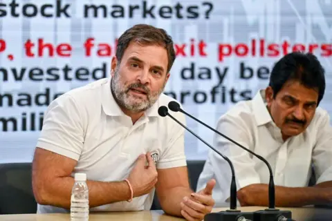 Getty Images Congress leaders Rahul Gandhi and KC Venugopal during a press conference at AICC Headquater on June 6, 2024 in New Delhi, India.