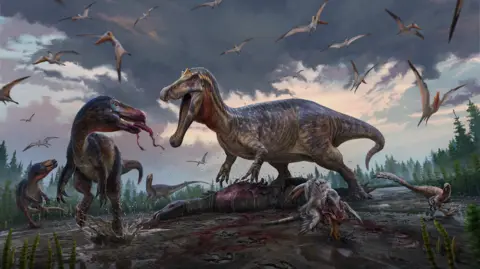 ANTHONY HUTCHINGS a picture of how dinosaurs might have looked as they roamed the Earth millions of years ago. A snarling tyrannosaur bears its teeth at a smaller dinosaur as it stands over its dead prey and winged creatures, possibly pterodactyls, fly overhead