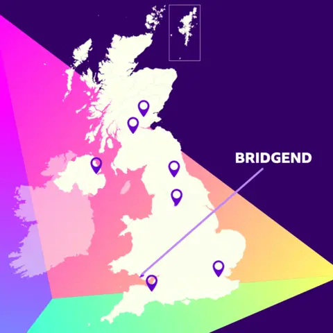 A map of the UK showing the eight battleground constituencies where the BBC's Undercover Voter profiles are based, with Bridgend in south Wales highlighted