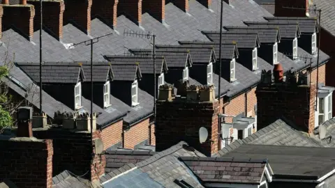 A collection of uniform-looking house rooftops, complete with mostly pointed sandy coloured chimney pots and grey, black and reddish roof slates.
