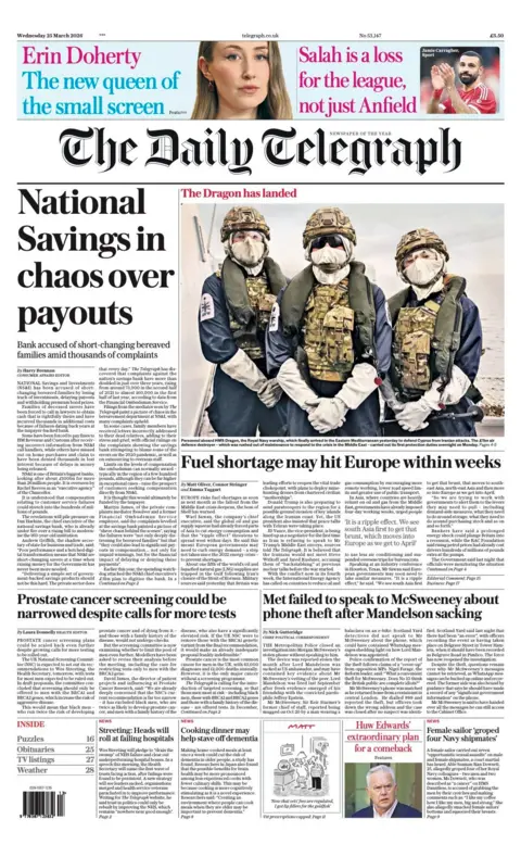 The headline on the front page of the Daily Telegraph reads: "National Savings in chaos over payouts."