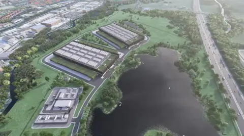 Greystoke An artist impression, in the form of an aerial view, of a large industrial complex near a body of water and surrounding greenery. There is a dual carriageway with traffic drawn out to the right of the frame.