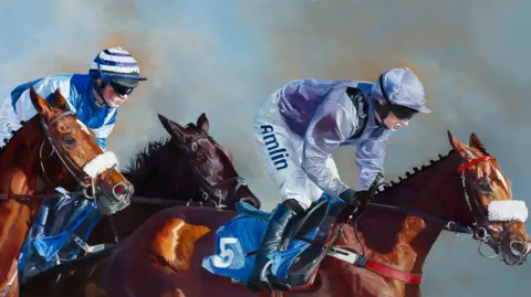 A painting of jockeys racing horses. Two jockeys are raised in their saddles, wear blue hats and blue jerseys. Three horses have been painted, two in a chestnut colour and another in a dark bay colour. 