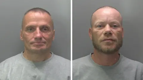 Composite images show the custody photos of Cojocario and Costache. Both men are wearing grey jumpers and are against plain grey backgrounds. They both have very short hair and Costache has a beard.