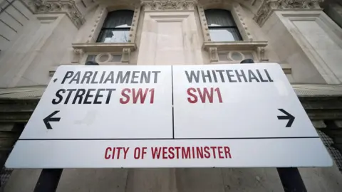 A road sign that points to Parliament Street SW1 to the left and Whitehall SW1 in the City of Westminster