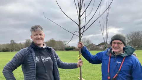 Two men standing holding a tree 