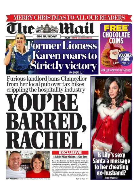 "You're barred, Rachel: Furious landlord bans Chancellor from her local pub over tax hikes crippling the hospitality industry" reads the headline on the front page of the Mail on Sunday.