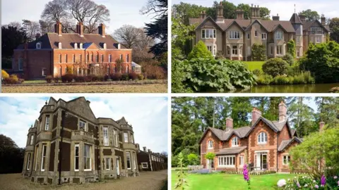 Getty Images, York Cottage, Alamy, Oliver's Travels (Clockwise from the top left): Anmer Hall, York Cottage, Park House and Gardens House