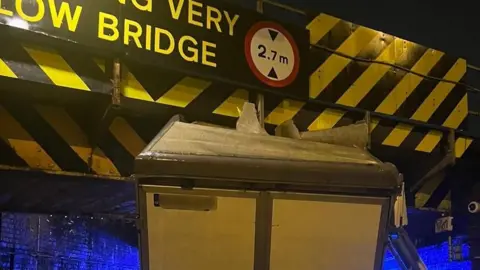 Cambridgeshire Police Van stuck under bridge