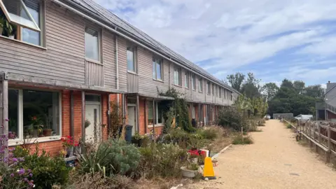 A row of terraced tow-storey houses with timber-clad upper floors and brick ground floors. They are built along a gravel walkway and each has a small front garden.