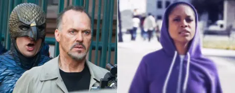 Getty/Universal Michael Keaton in Birdman and Erykah Badu in her music video for Window Seat