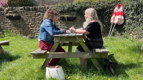 Two women sit on a bench opposite one another