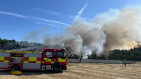 A large plume of smoke with fire engines parked on parched grass in the foreground.