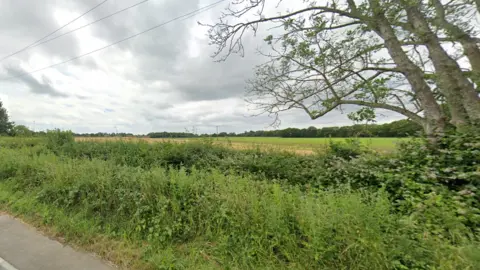 The location of the proposed building of 400 homes in a rural area of Surrey. A field is visible and a tree next to a road.
