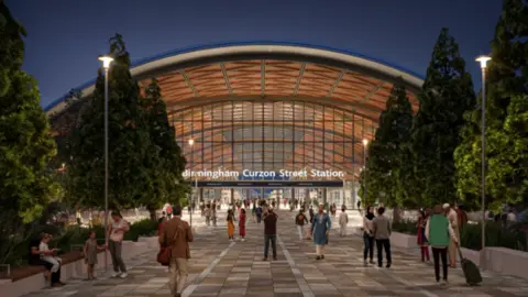 HS2 Artists' impression of HS2's Curzon Street Station in Birmingham. It shows a canopied glass building with trees in front and people walking past.