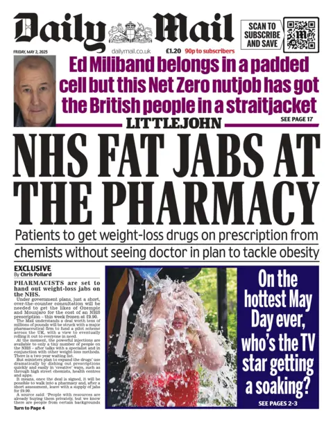 The headline on the front page of the Daily Mail reads "NHS fat jabs at the pharmacy".