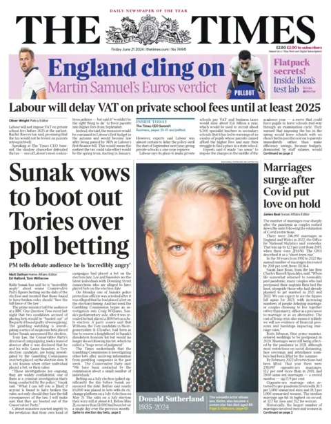 The headline on the front page of the Times reads: “Sunak vows to boot out Tories over poll betting"