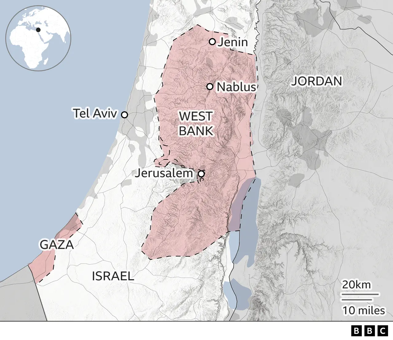 A map illustration showing the wider region of Israel, the occupied West Bank, Gaza, Tel Aviv and Jordan. Gaza and the occupied West Bank are highlighted in red, and show the locations of Jenin, Jerusalem and Nablus.