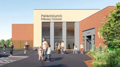 AHR Architects Computer generated image showing a red brick building with a taller white building which has a sign saying "Peterchurch Primary School". There is a grey playground and green fence and CGI adults and children. 