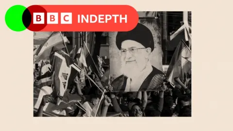 A rally with flags and posters of Iran's Supreme Leader