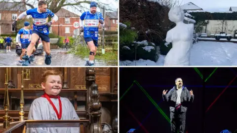 Four images: top left, Kevin Sinfield jumps over a puddle. Top right, the Venue de Milo built in snow. Bottom left, a 10-year-old boy in choir robes. Bottom right, Dynamo stands on a dark stage.