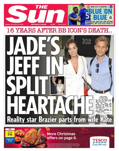 Reality star Brazier parts from wife Kate," reads the headline on the front page of the Sun.