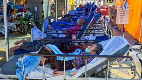 Getty Images Covid-19 patients seen laying on beds outside the Caritas Medical Center in Hong Kong. Hong Kong hospitals are overwhelmed as the city is facing its worst-ever coronavirus outbreak.