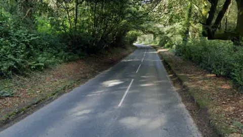 The image shows a narrow two-lane country road winding through a heavily wooded area, with dense trees and vegetation lining both sides and forming a canopy overhead.