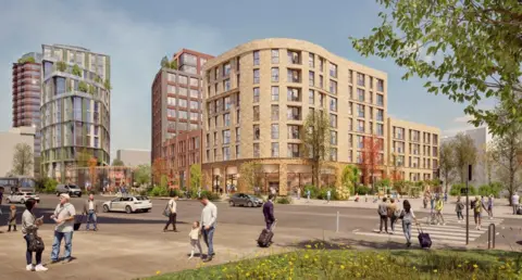 An artist's impression on how the development could look in the future with people and new flats.