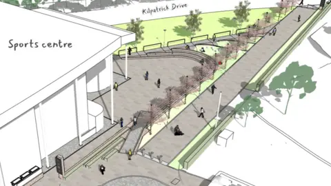 An artist's impression of the plaza plan for Erskine, showing pathways and a plaza around greenspace