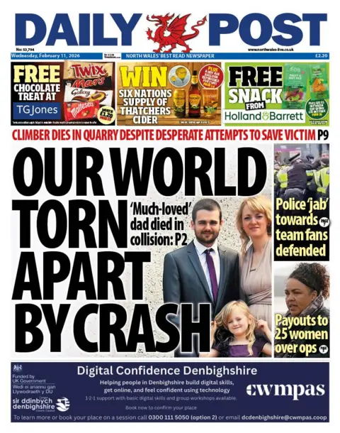 Daily Post Front page of Daily Post shows main headline "Our world torn apart by crash" next to a family image of a woman and a man standing behind a little girl. They are dressed in formal attire. Other headlines read: "Police 'jab' towards team fans defended", "Payout to 25 women over ops", "Climber dies in quarry despite attempts to save victim". 