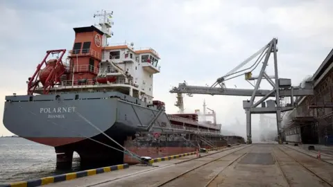 Ukrainian presidency Turkish cargo ship 'Polarnet' being loaded with grain as Ukrainian President Zelensky and G7 countries' ambassadors visit to the port of Odesa, Ukraine, 29 July 2022