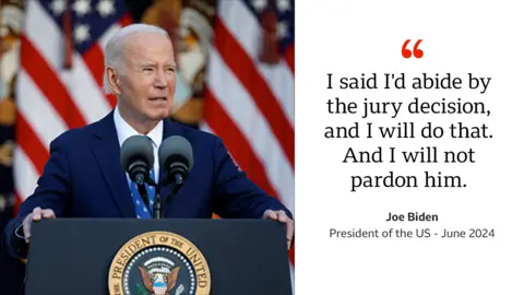 President Joe Biden speaks to reporters. He is standing behind a lectern bearing the seal of the president. US flags are visible in the background. On the right of the image is a quote attributed to Biden. 