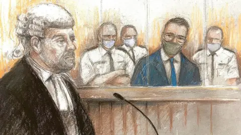 Elizabeth Cook Artist sketch of prosecutor Richard Wright and defendant Pawel Relowicz, who is flanked by court security guards