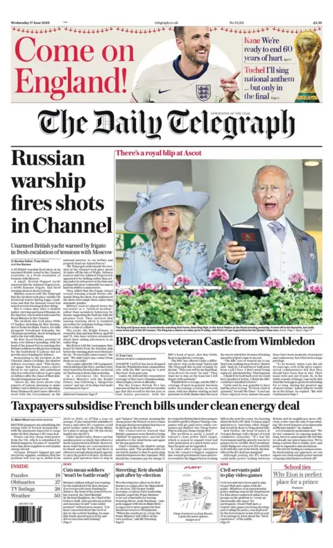 The headline on the front page of the Telegraph reads: "Russian warship fires shots in Channel".