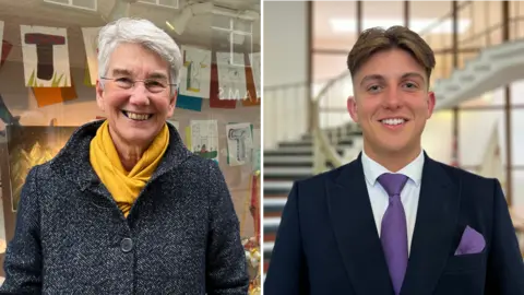 Susan Juned wears a yellow scarf and a grey coat. George Finch wears a dark suit and a purple tie.