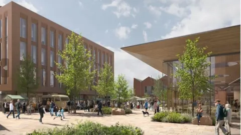 Prestwich Regeneration LLP An artist's impression of a public square shows people walking on a pedestrian area, with trees and shrubbery dotted around. In the background are two buildings: the planned market hall and an apartment building with shops on the ground floor. 