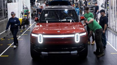 Rivian electric vehicle on production line.