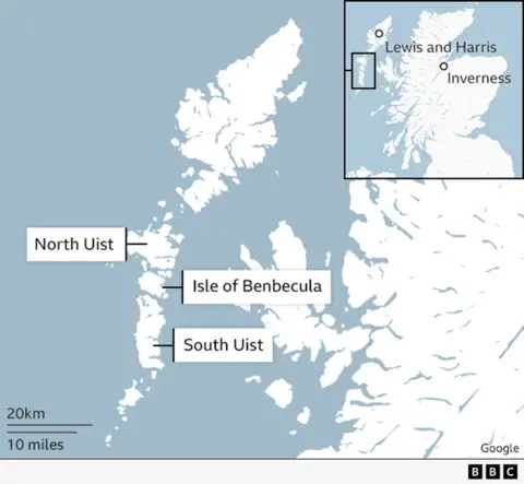 A map showing Scotland and the locations of Inverness, Lewis and Harris, North Uist, South Uist and Benbecula.