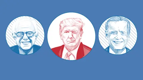 BBC Image showing Donald Trump winking at possible Democratic challengers Bernie Sanders and Joe Biden