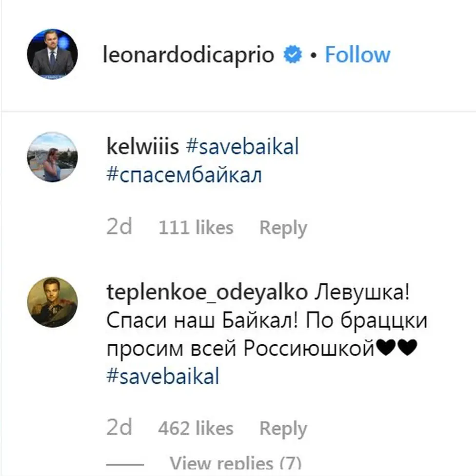 Leonardodicaprio/Instagram Leonardo DiCaprio's Instagram page. There are several comments in Russian using the Cyrillic alphabet
