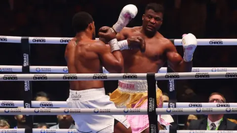 FAYEZ NURELDINE/AFP British boxer Anthony Joshua (L) competes with Cameroonian boxer Francis Ngannou.