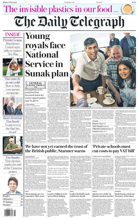The headline on the front page of the Daily Telegraph read: "The young royals face National Service in the Sunak plan"